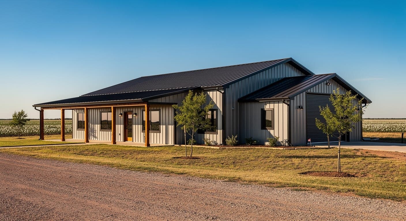 Gray metal barndominium with a dark standing seam roof, cedar-post front porch, and attached shop with a roll-up door beside cotton fields
