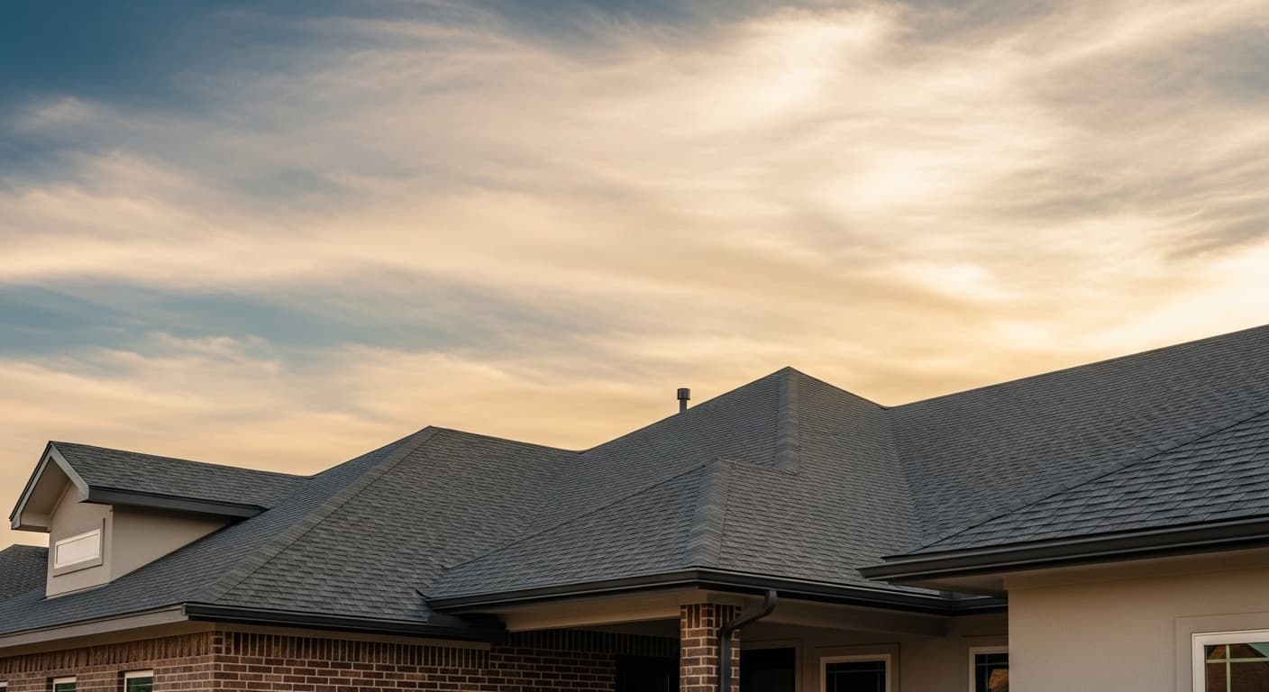 Gray architectural shingle roof on a single-story Lubbock home under a big evening sky