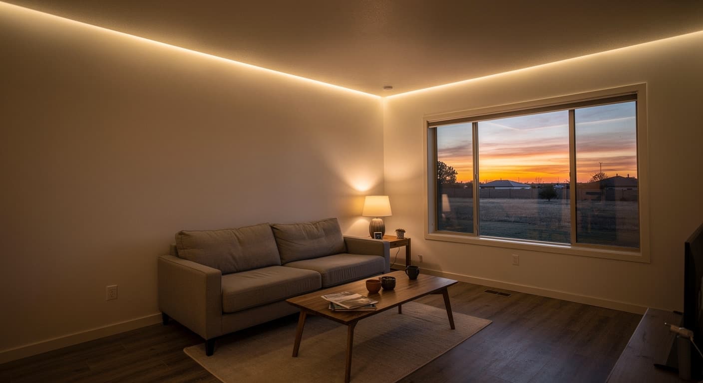 Warm cove lighting washing a smooth living room ceiling in a Lubbock home at dusk