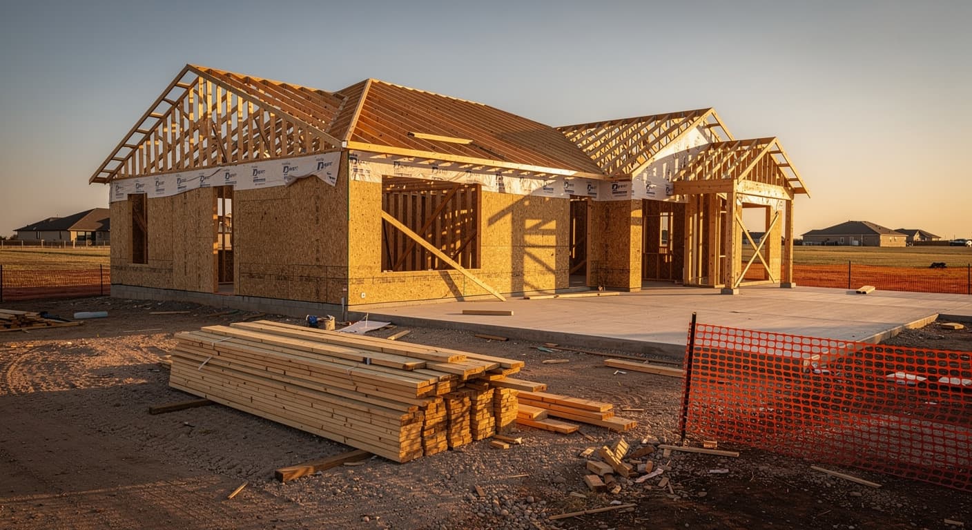 New single-story home framed on a fresh concrete slab in a south Lubbock subdivision at golden hour
