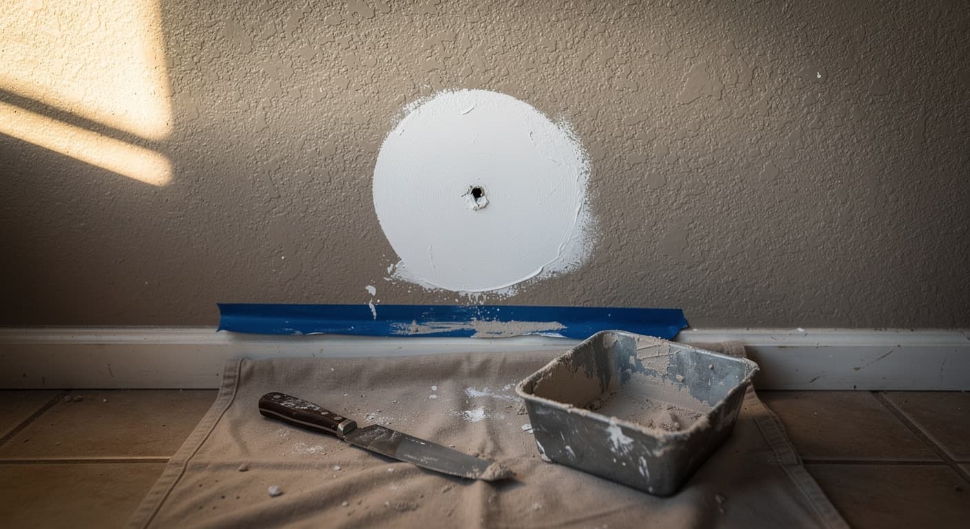 A fresh drywall patch on a knockdown-textured wall in a Lubbock living room, with a putty knife and mud pan below