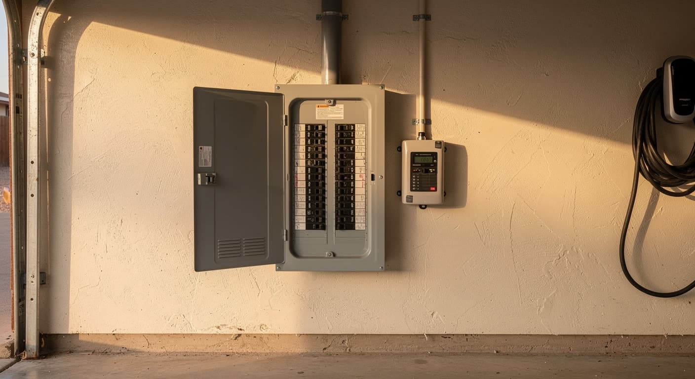 New 200 amp breaker panel with labeled circuits and a surge protector on a Lubbock garage wall