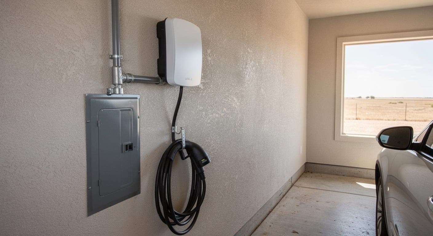 White Level 2 EV charger fed by metal conduit beside a gray breaker panel in a garage, with flat West Texas land outside the window