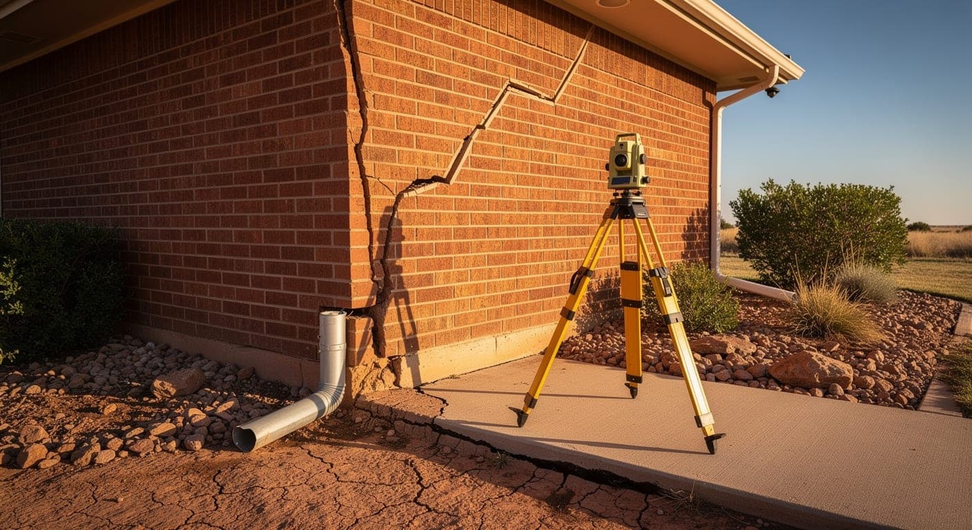 Surveying level on a yellow tripod beside a brick ranch corner with a stair-step crack and dry clay soil pulled away from the slab