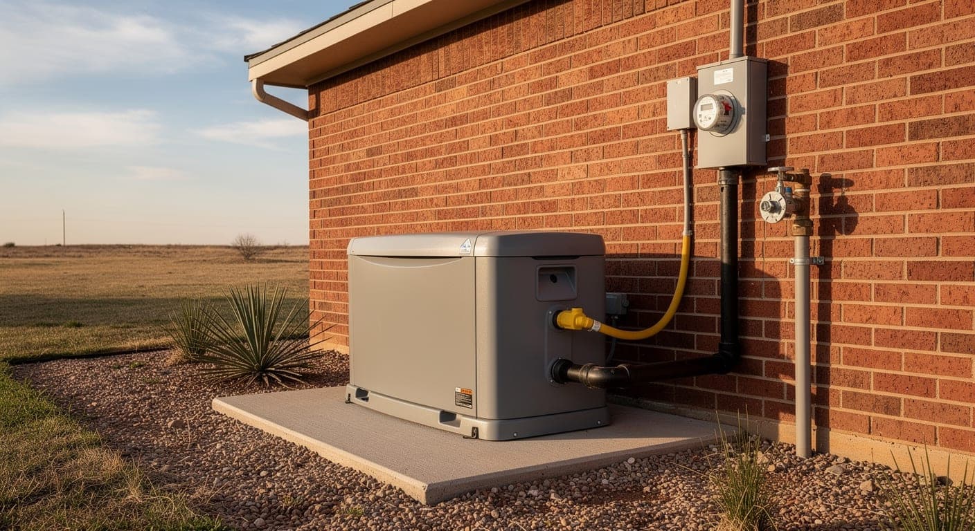 Gray standby generator on a concrete pad beside a red brick house, with a yellow gas connector, conduit, and electric meter on the wall and flat land beyond