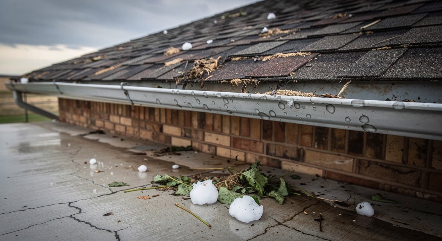 Hail-dented gutter and bruised shingles on a brick ranch home in Lubbock, Texas