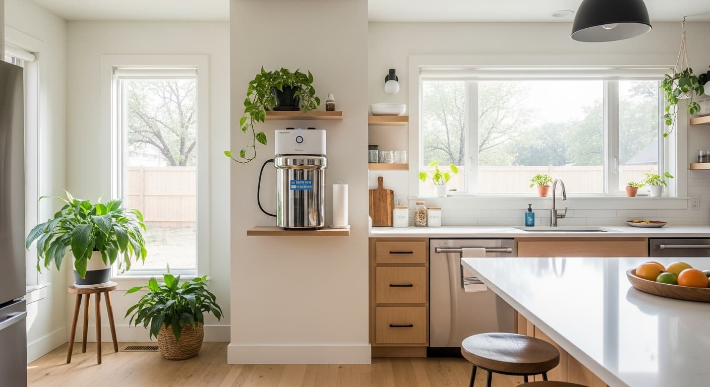 Bright kitchen with a stainless water treatment unit on a wall shelf, houseplants, light wood cabinets, and a large window over the sink.
