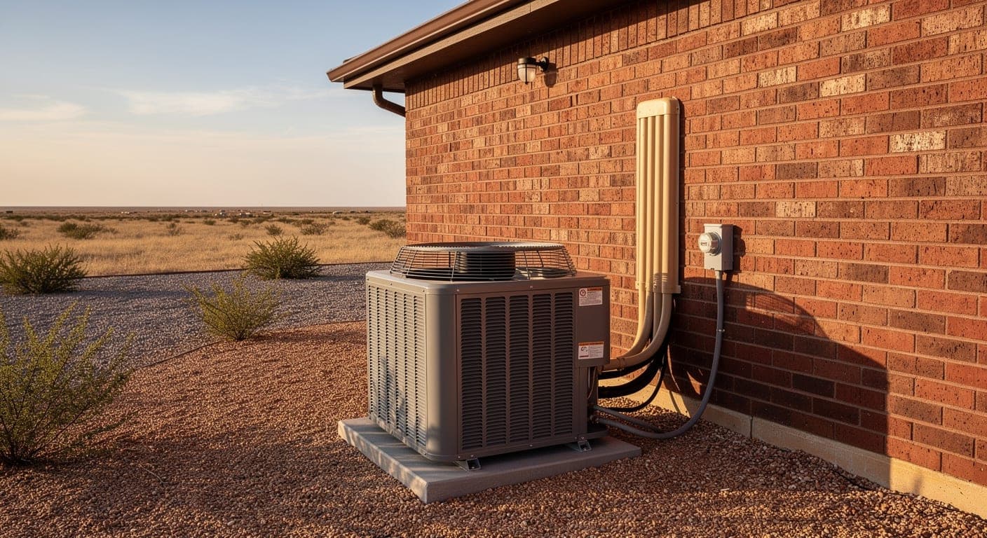Gray heat pump outdoor unit on a pad beside a red brick ranch house, with a tan line-set cover and electrical box on the wall and flat West Texas land beyond