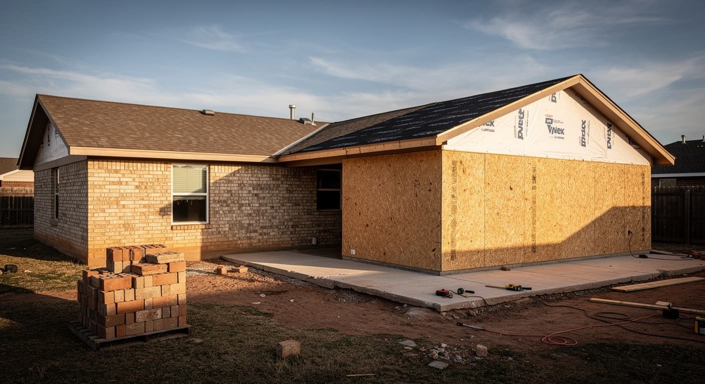 A room addition framed behind a brick ranch house in Lubbock, Texas, with new roof framing tied into the existing roofline
