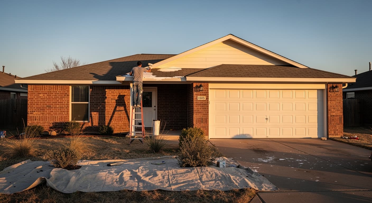 Painter brushing fresh white paint onto the fascia and trim of a single-story brick home in Lubbock, Texas