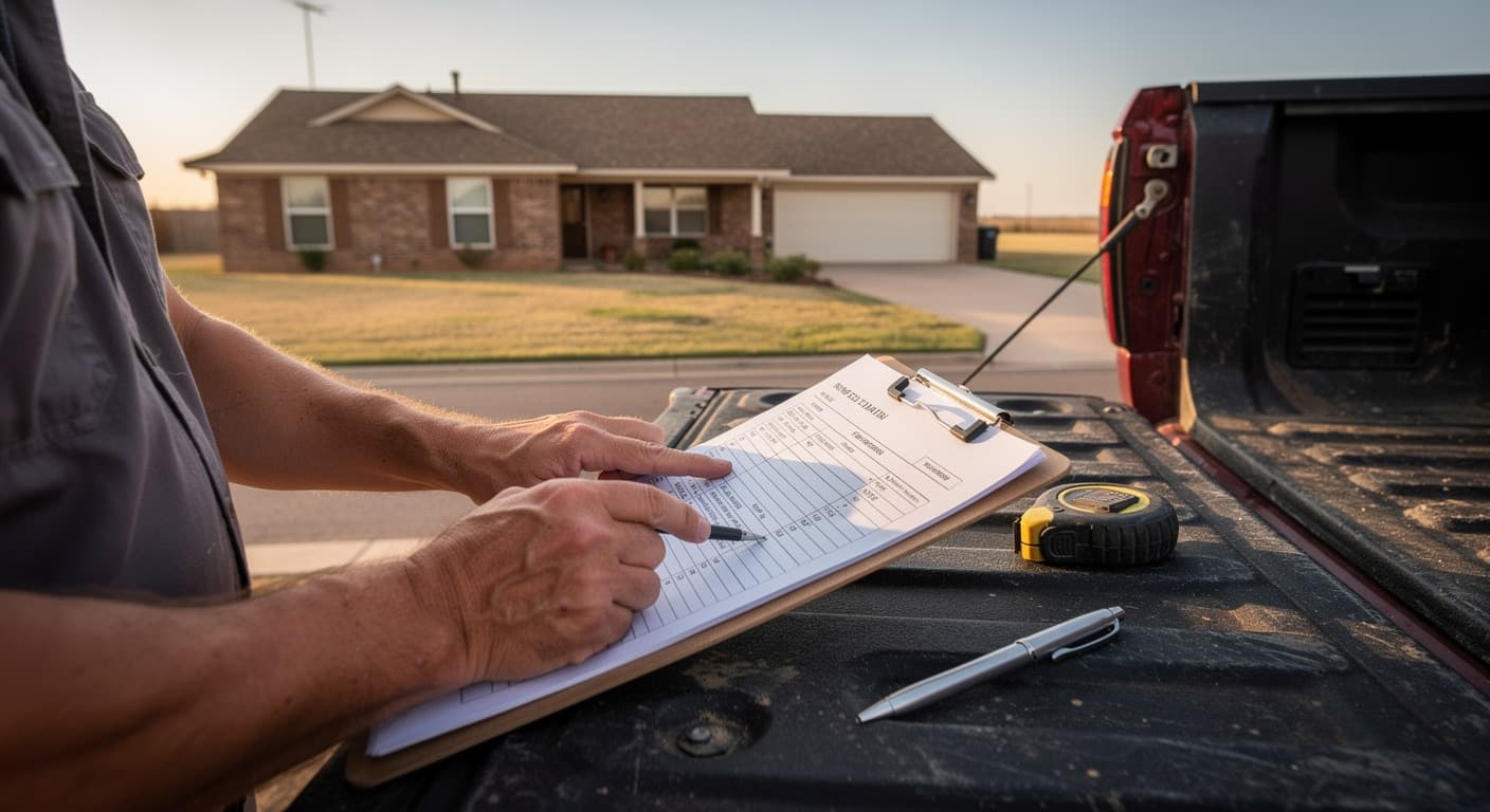 Reviewing an itemized estimate on a clipboard on a pickup tailgate in front of a Lubbock brick ranch home