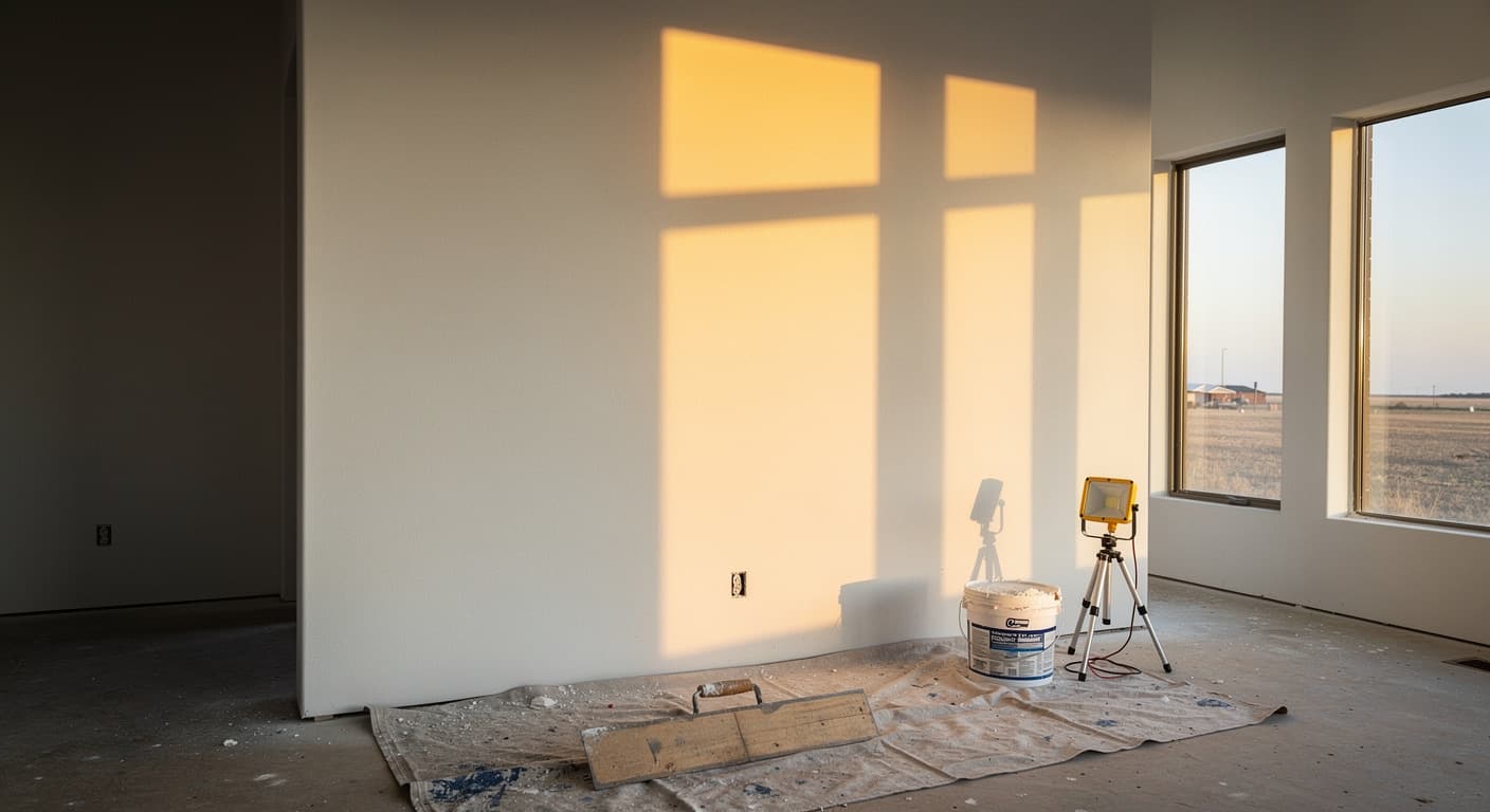 Low evening sun raking across a smooth, freshly primed wall in a Lubbock great room with tall west-facing windows