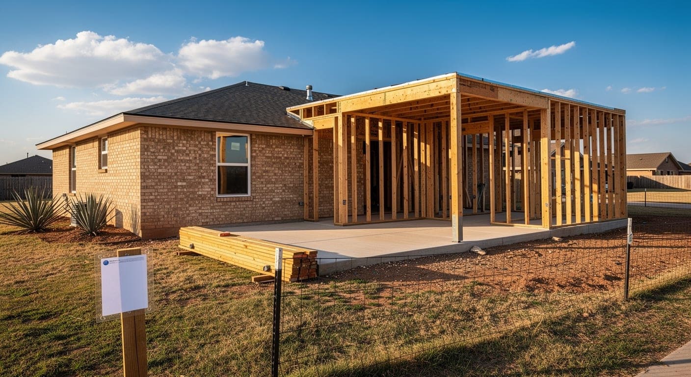 Wood-framed room addition on a new concrete slab beside a tan brick ranch house, with a permit card posted near the construction fence