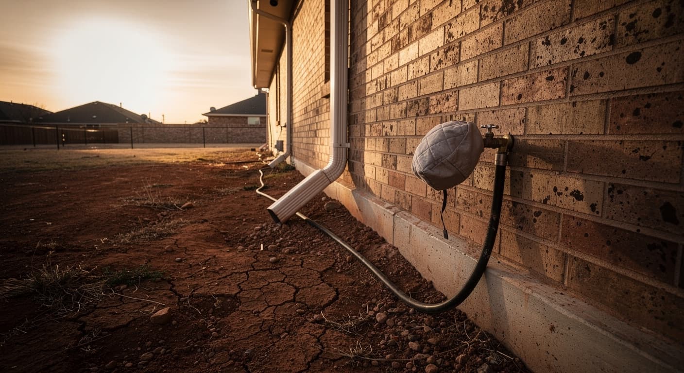 Soaker hose running along the brick foundation of a Lubbock ranch home beside a downspout extension