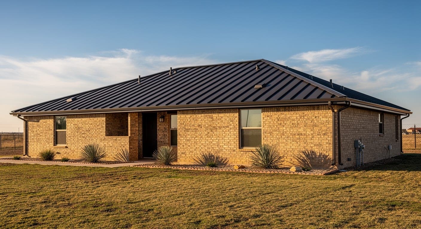 Tan brick ranch house with a charcoal standing seam metal hip roof, dark gutters, and yucca beds on a flat lot under a wide blue sky