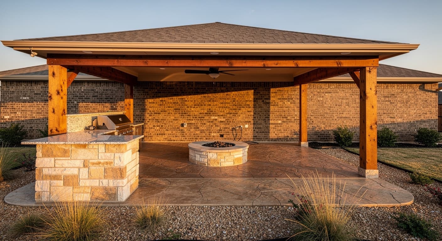 A covered stamped-concrete patio with a stone grill island behind a brick home in Lubbock, Texas, in late afternoon light