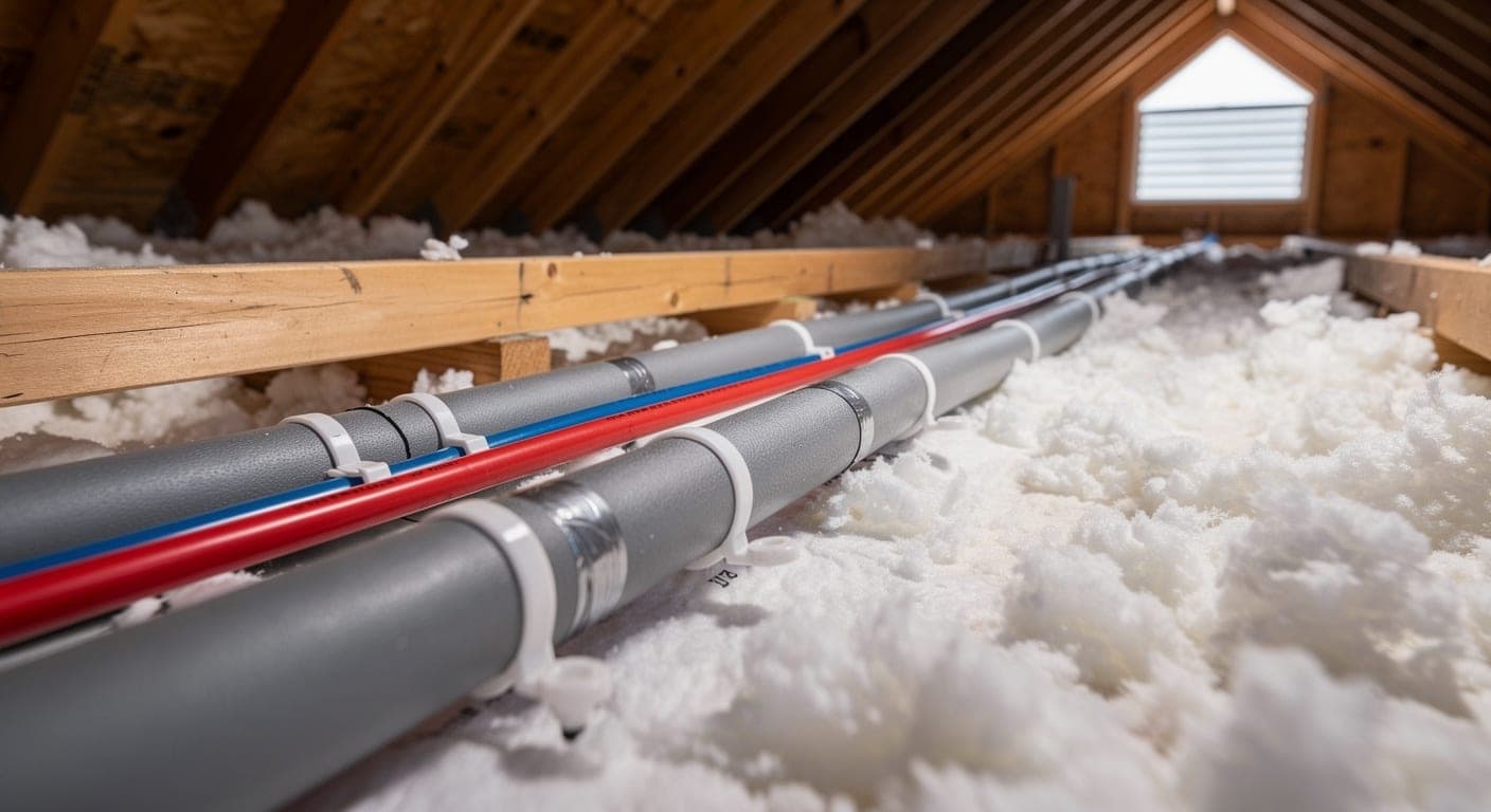 Gray foam-insulated water lines clipped along an attic joist beside red and blue PEX tubing, over blown-in insulation below a gable vent