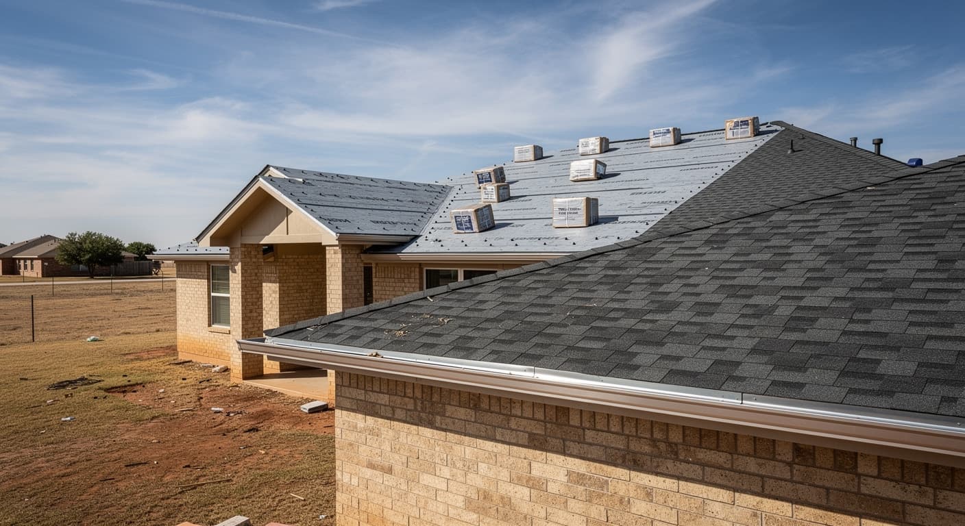 Roof replacement in progress on a Lubbock brick ranch home, half in new underlayment and half in charcoal architectural shingles