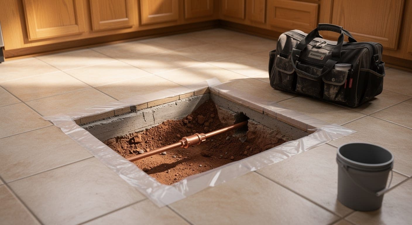 Square opening cut through a tile kitchen floor and concrete slab, showing a copper water line with a new repair coupling in red clay soil