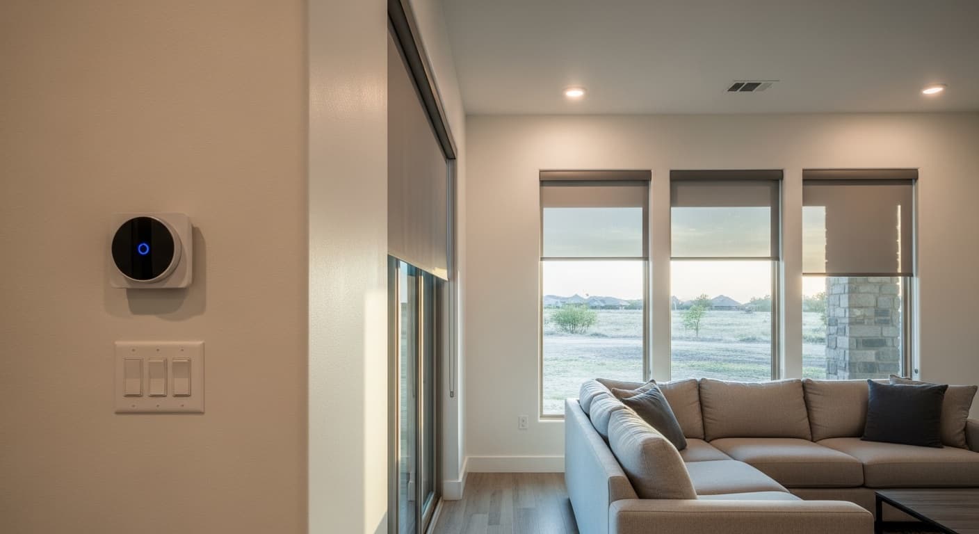 Smart thermostat and light switches on a living room wall beside roller shades partly lowered over windows facing open land and a newer subdivision.