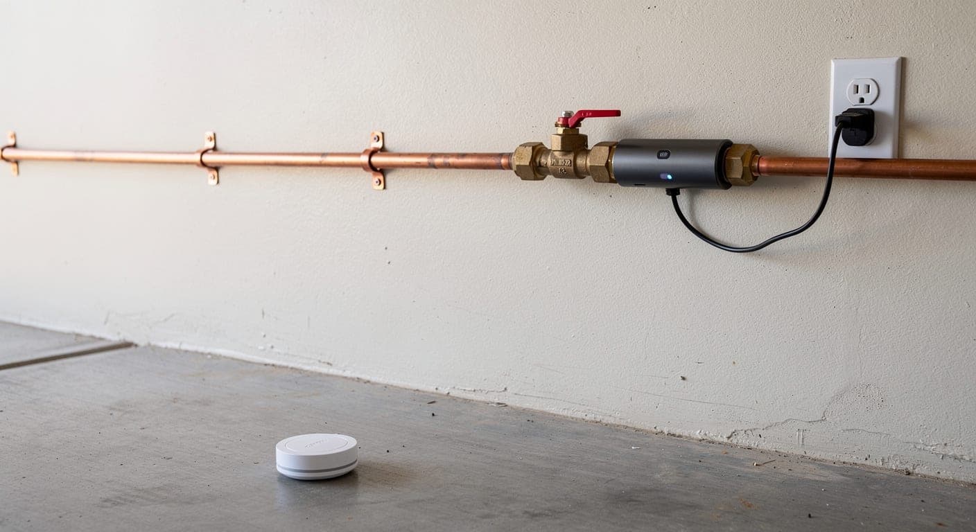 Inline smart water shutoff valve after a red-handled ball valve on a copper main line in a garage, plugged into an outlet, with a leak sensor on the floor