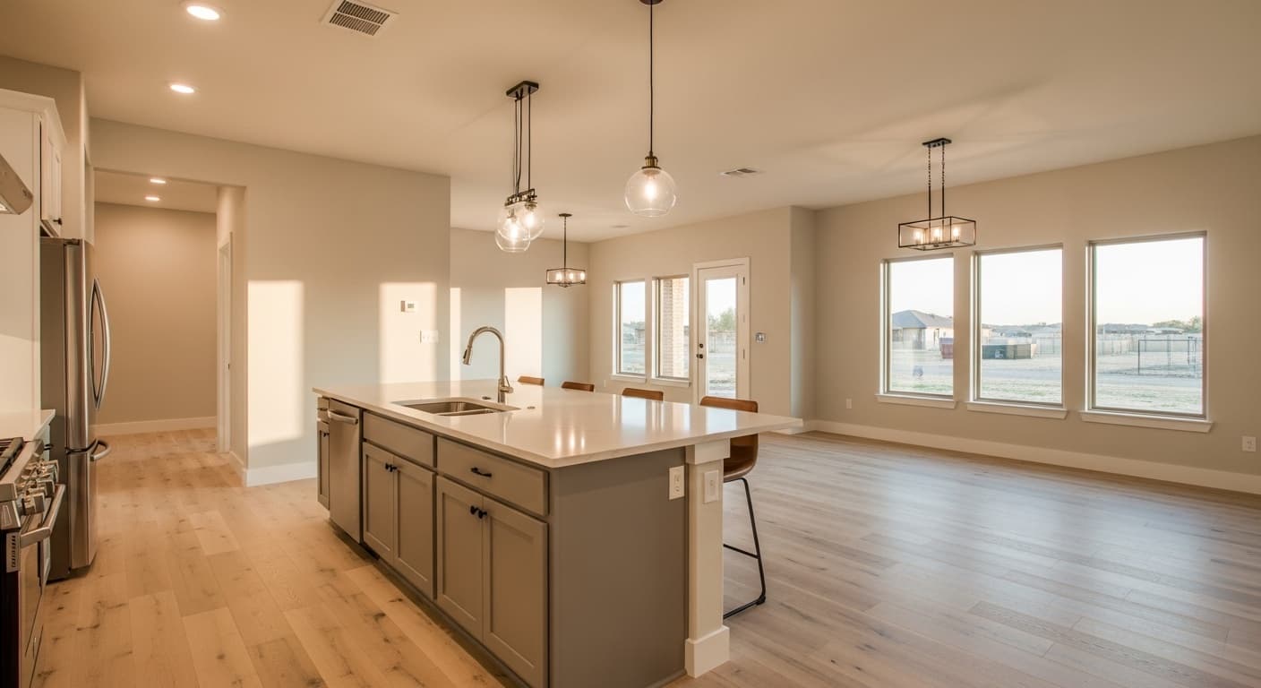 Remodeled open-concept kitchen with a gray island, white quartz counter, glass pendant lights, and light wood-look plank floors, with tall windows facing a West Texas subdivision