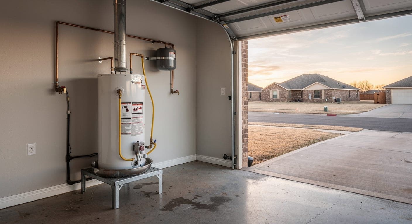 New gas tank water heater on a steel stand with a drain pan, expansion tank, and copper supply lines in a garage, with brick ranch homes outside the open door