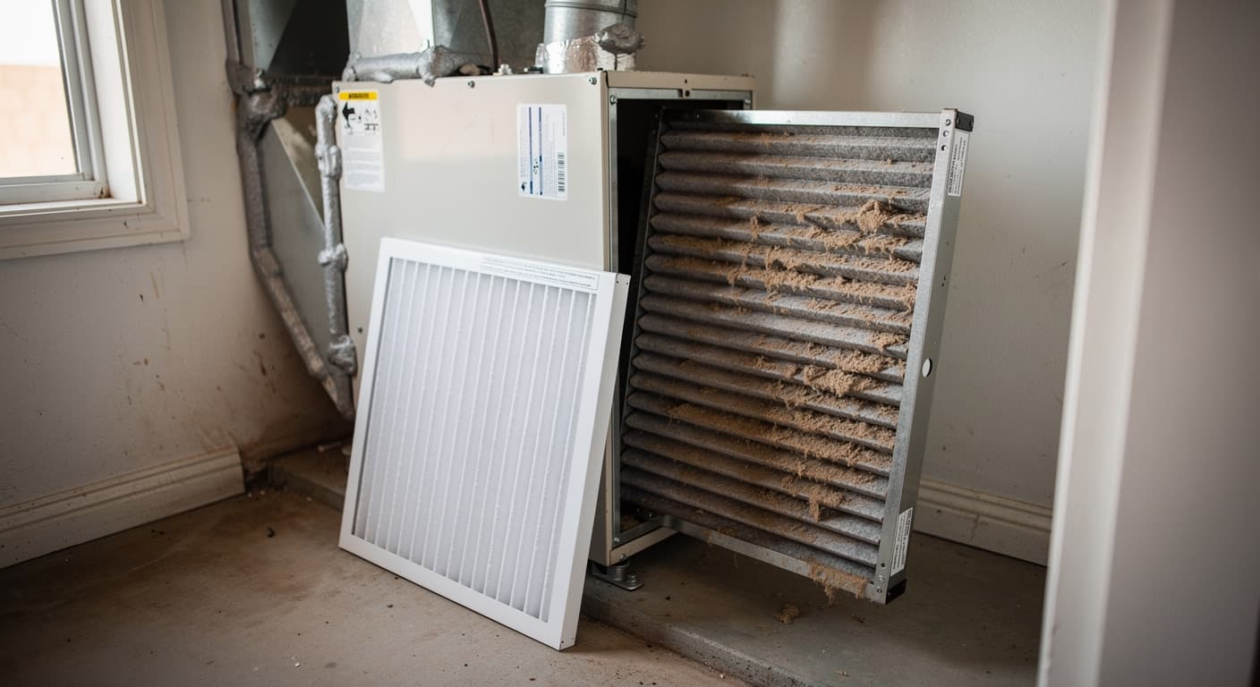 Deep pleated MERV 13 media filter cabinet mounted beside the air handler in a Lubbock home