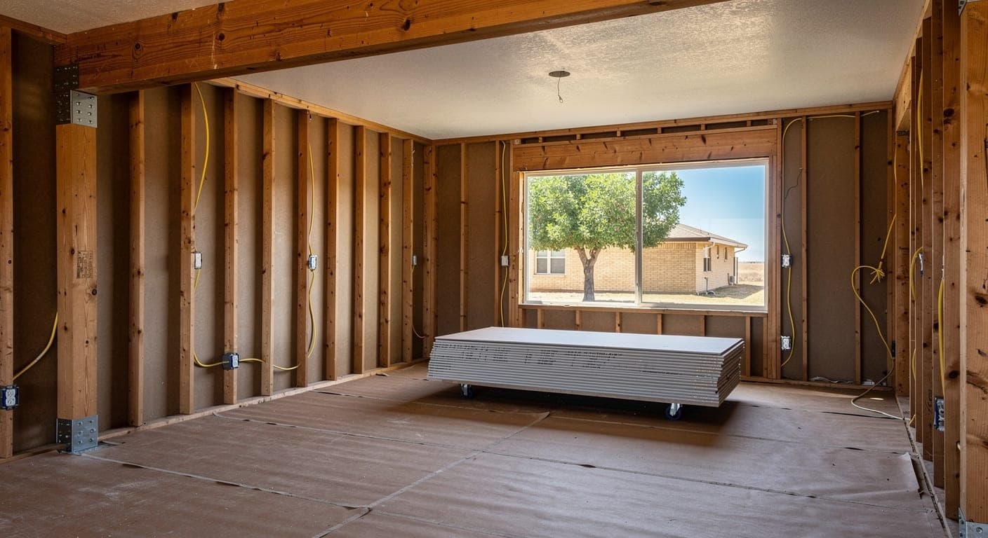 Ranch house interior stripped to the studs during a remodel, with a new wood beam, wiring rough-in, stacked drywall, and paper-covered floors