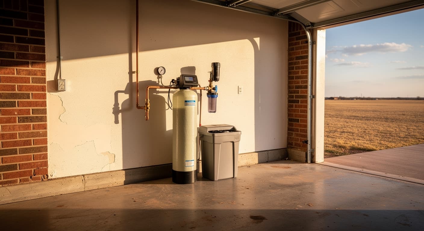 Whole-house filter tanks and a water softener plumbed along a garage wall in a Lubbock home