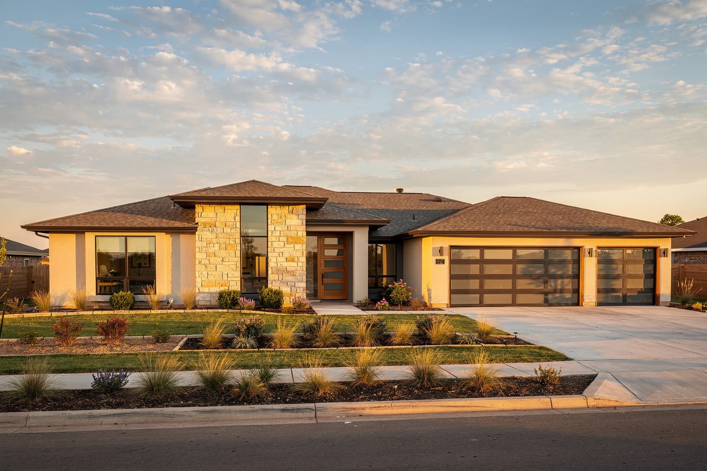 New single-story home at sunset with a brown shingle hip roof, cream stucco walls, a limestone entry with a tall window and a wood front door, a three-car garage with glass-panel doors, and xeriscaped beds of ornamental grasses along the street