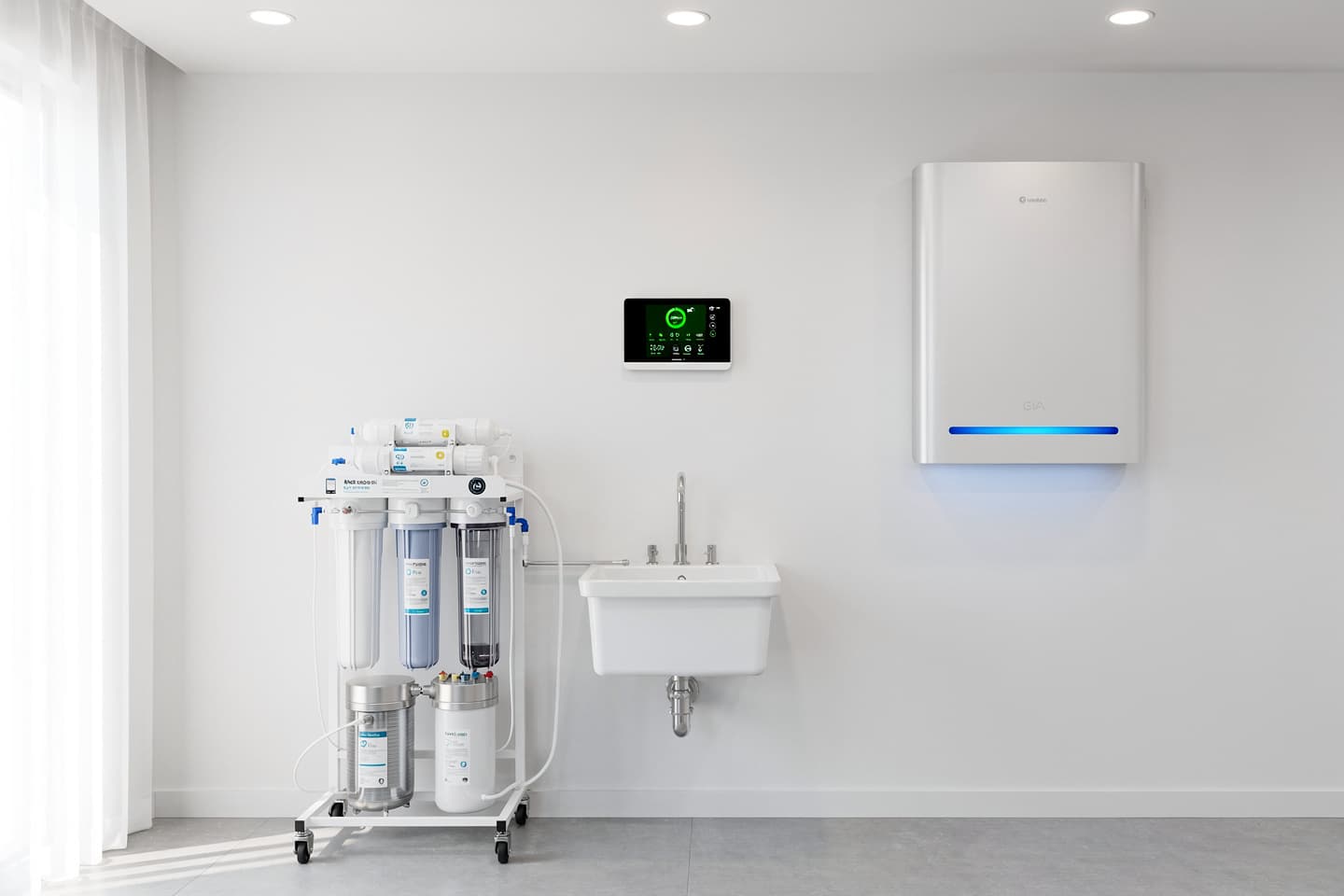 Bright mechanical room with a multi-stage reverse osmosis water treatment system on a rolling stand, a wall-hung utility sink, an indoor air quality monitor display, and a wall-mounted ventilation unit with a blue indicator light