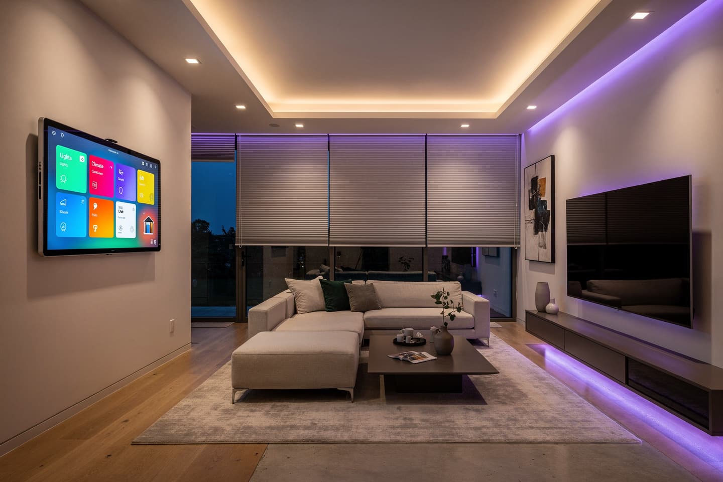 Living room at dusk with a wall-mounted smart home touchscreen showing lighting and climate controls, lowered cellular shades over tall windows, warm cove lighting in a tray ceiling, purple LED accent strips, a sectional sofa, and a wall-mounted TV above a floating console